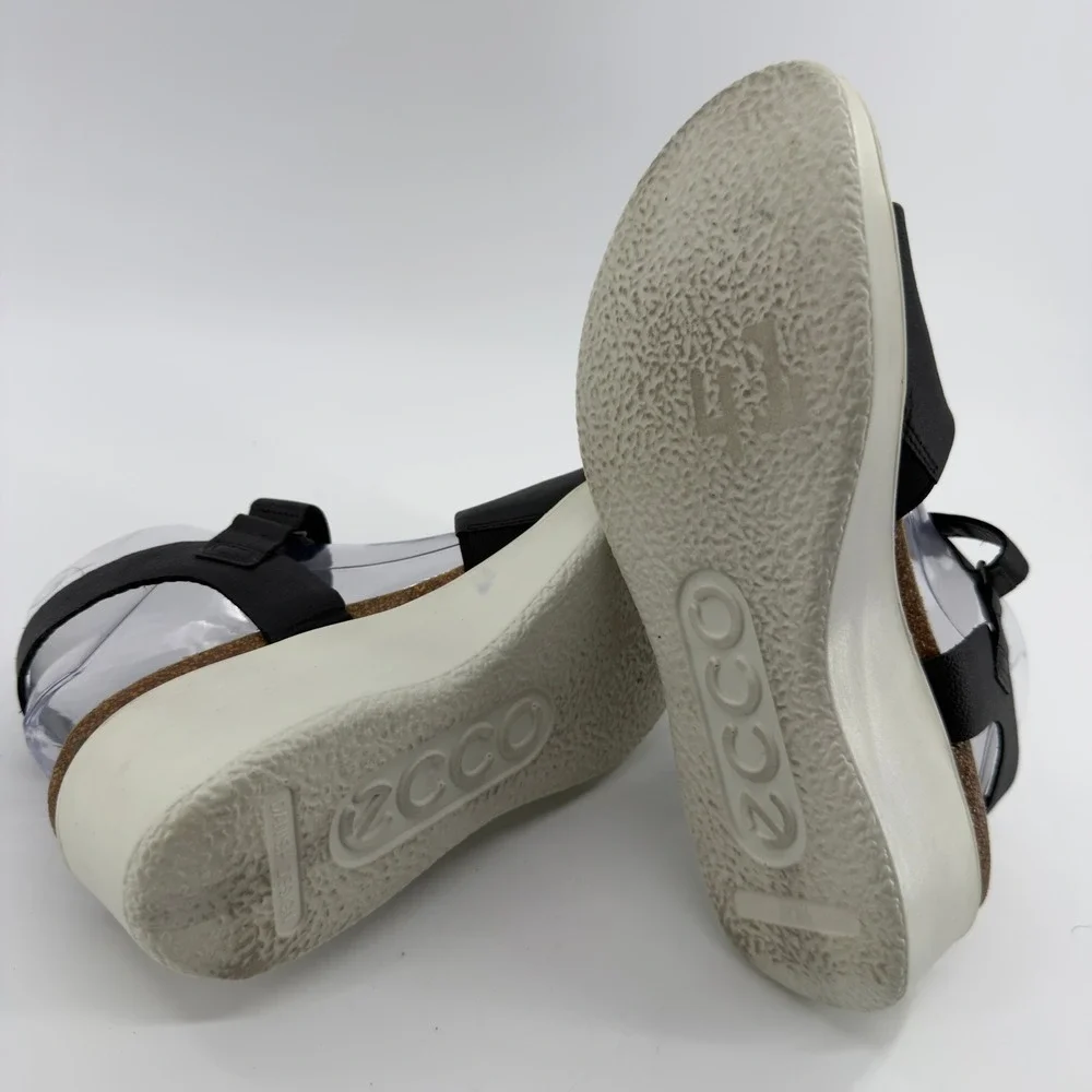 ECCO Corksphere Wedge Sandals Black Leather Platform Ankle Strap Womens 41